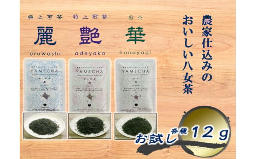 CE-080_【八女茶】お試し　極上煎茶　麗  １２ｇ、特上煎茶　艶　１２ｇ、煎茶　華　１２ｇ　計３６ｇ 1534346 - 福岡県行橋市