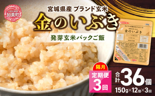 米 【 3回 隔月 定期便 】 宮城県産 金のいぶき 発芽玄米 パックごはん 12個×3回 総計36個 [ JA加美よつば（生活課） 宮城県 加美町 ] レトルト ごはん ご飯 レトルトごはん レンジ レンチン かんたん パックライス ライス 米 簡単 お手軽 アウトドア キャンプ 備蓄 非常食 常備 ひとり暮らし 防災 | yo00005-3k 653200 - 宮城県加美町