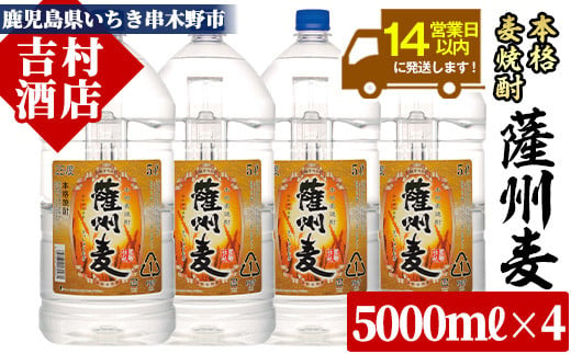 麦焼酎 「薩州麦」 たっぷり 5L×4本 計20L!  25度 鹿児島 本格麦焼酎 黒麹 若松酒造 【E-043H】