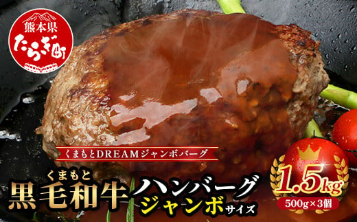 【 年内お届け 】ビッグサイズ！くまもと 黒毛和牛  DREAMジャンボバーグ 500g×3パック 計1.5g 《 牛肉 100％ 国産 大 ボリューム 生 ハンバーグ お祝い パーティ 熊本 ブランド牛 黒毛 和牛 上質 はんばーぐ 惣菜 熊本県 》 113-0509-R612