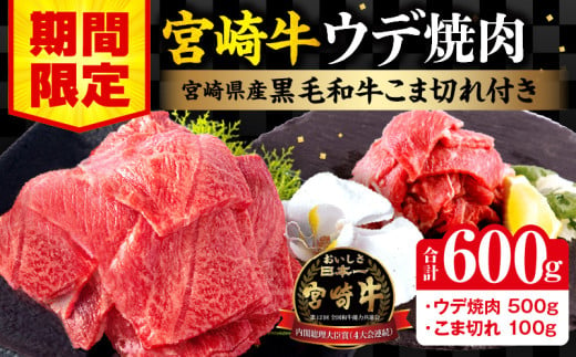 [期間限定]宮崎牛ウデ焼肉500g 宮崎県産黒毛和牛小間切れ100g 合計600g_M132-022-UP