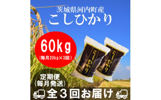 ＜毎月定期便＞茨城県河内町産コシヒカリ20kg(10kg×2袋)全3回【4058877】