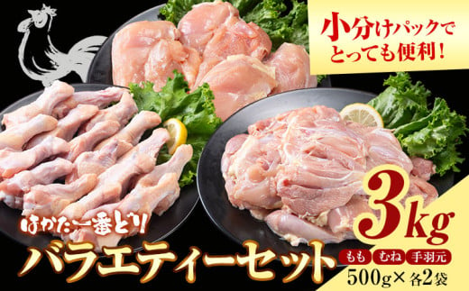 はかた一番どり バラエティセット もも肉 むね肉 手羽元 計 3kg 《30日以内に出荷予定予定(土日祝除く)》福岡県 鞍手郡 小竹町 大容量 鶏肉 鳥肉 冷凍 送料無料 株式会社あらい 鶏モモ肉 鶏むね肉 鳥 鶏 1533392 - 福岡県小竹町