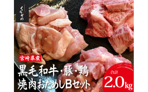 宮崎県産 牛・豚・鶏 焼肉おためしBセット 計2kg（牛肉 豚肉 鶏肉 和牛 焼肉 訳あり 小分け 食べ比べ）