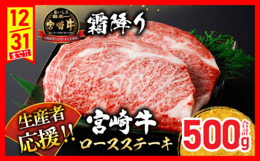 生産者応援 宮崎牛 ロースステーキ 2枚(計500g) 霜降り サーロイン リブロース 牛肉 黒毛和牛 国産 焼肉 BBQ おかず 人気 おすすめ ギフト 贈り物 冷凍 宮崎県 日南市 送料無料_C119-24 1297897 - 宮崎県日南市