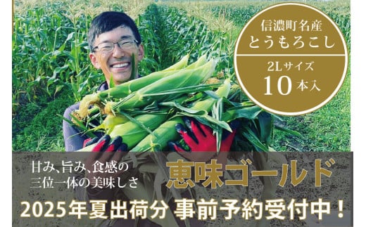 信濃町名産とうもろこし『落影農場の恵味（めぐみ） 10本セット』／スイートコーンの人気品種を早期予約限定で受付中！ 【2025年夏のご予約受付開始！】 令和7年7月下旬〜出荷予定 2025年夏出荷分 先行予約【長野県信濃町ふるさと納税】 1130091 - 長野県信濃町