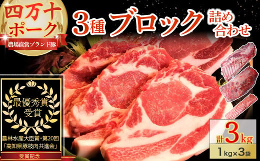 【農林水産大臣賞・受賞記念】◆四万十町産◆ブランド豚の3種ブロック詰め合わせ （3kgセット） Adf-68 豚肉 ロース バラ モモ ウデ 肩ロース 冷凍 292115 - 高知県四万十町