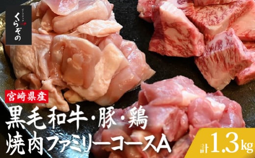 宮崎県産 牛・豚・鶏 焼肉ファミリーコースA 計1.3kg（牛肉 豚肉 鶏肉 和牛 ロース モモ ウデ 焼肉 小分け 人気）