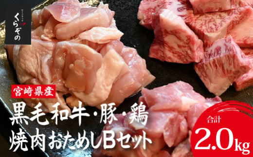 宮崎県産 牛・豚・鶏 焼肉おためしBセット 計2kg（牛肉 豚肉 鶏肉 和牛 焼肉 訳あり 小分け 食べ比べ） 1532446 - 宮崎県小林市