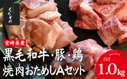 宮崎県産 牛・豚・鶏 焼肉おためしAセット 計1kg（牛肉 豚肉 鶏肉 和牛 焼肉 訳あり 小分け 食べ比べ） 1517047 - 宮崎県小林市