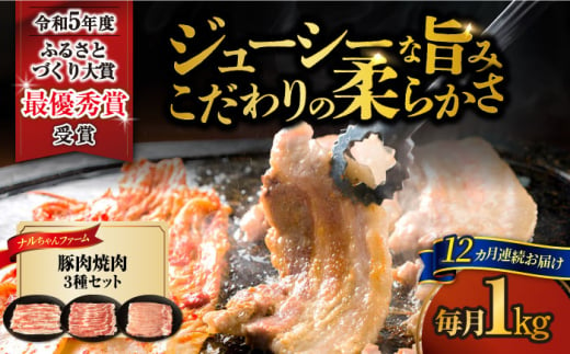 【12回定期便】ナルちゃんファーム豚肉焼肉セット 毎月1kg / 豚肉 豚ロース モモ バラ 焼肉 / おおむら夢ファームシュシュ [ACAA341] 1537356 - 長崎県大村市