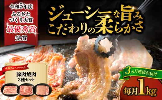 【3回定期便】ナルちゃんファーム豚肉焼肉セット 毎月1kg / 豚肉 豚ロース モモ バラ 焼肉 / おおむら夢ファームシュシュ [ACAA339] 1537354 - 長崎県大村市