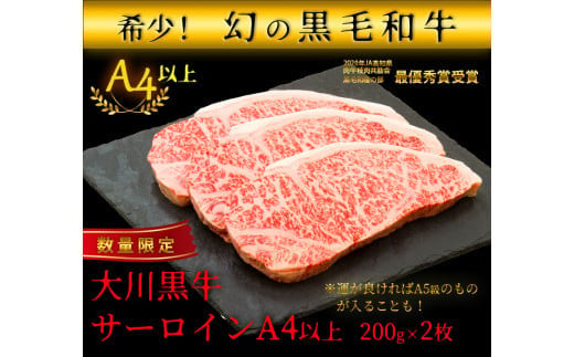 国産黒毛和牛 大川黒牛 サーロインステーキ A4以上（200g×2枚） 国産 黒毛和牛 A4 A5 ステーキ サーロイン 牛肉  バーベキュー BBQ ビフテキ 牛 ビーフ 肉 食品 高知県 大川村 F6R-019 790007 - 高知県大川村