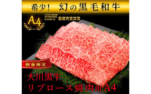 国産黒毛和牛 大川黒牛 リブロース 焼肉用 A4（280g） 国産 黒毛和牛 A4 リブロース 牛肉 焼肉 バーベキュー BBQ キャンプ飯 焼き肉 牛 焼き肉 ビーフ 肉 食品 高知県 大川村 F6R-021 790004 - 高知県大川村