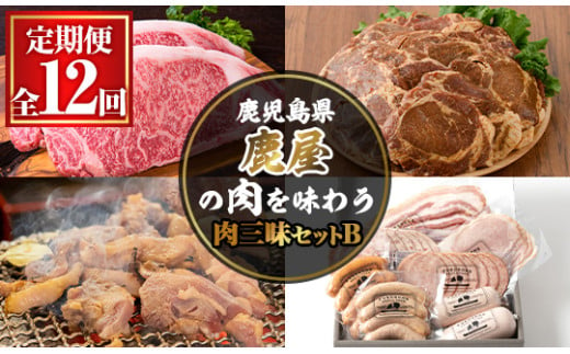 8003 [定期便12回]鹿屋の肉を味わう 肉三昧セットB[定期便 お楽しみ 焼鳥 黒豚 餃子 豚ロース 赤身 豚肉 黒牛 すき焼き ハム ソーセージ とんかつ しゃぶしゃぶ]