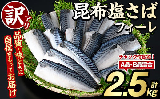 訳あり！昆布塩さばフィーレ(A品B品混合2.5kg) 大容量 ボリューム サバ 鯖 フィレ 魚介類 海産物 海鮮 海の幸 おかず おつまみ 惣菜 グリル 焼き魚 煮魚 切り身 昆布 塩サバ 脂 ご家庭用 リピート 【グローバルフーズ】a-12-343-z