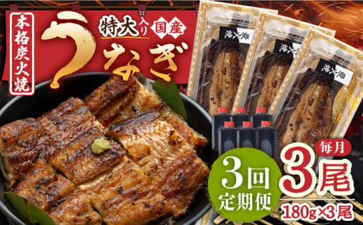 【3回定期便】 国産 うなぎ 本格炭火焼 特大 3尾 計540g（180g×3尾）/炭火焼古賀 [UDH014] 手焼き 冷凍 ウナギ 鰻 蒲焼き かば焼き 605335 - 佐賀県武雄市