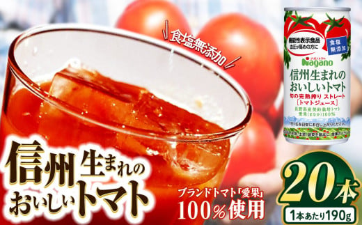 信州生まれのおいしいトマト 食塩無添加トマトジュース 190g×20本 | ふるさと納税 トマト ジュース 飲料 果汁 人気 缶 ドリンク 飲み物 長野県 松本市 無添加 栄養