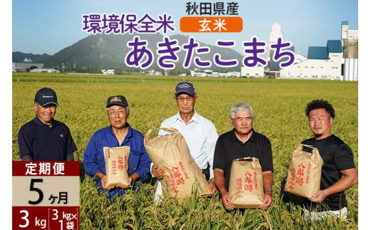 【玄米】《定期便5ヶ月》令和6年産 秋田県産 あきたこまち 環境保全米 3kg (3kg×1袋)×5回 計15kg 429603 - 秋田県八郎潟町