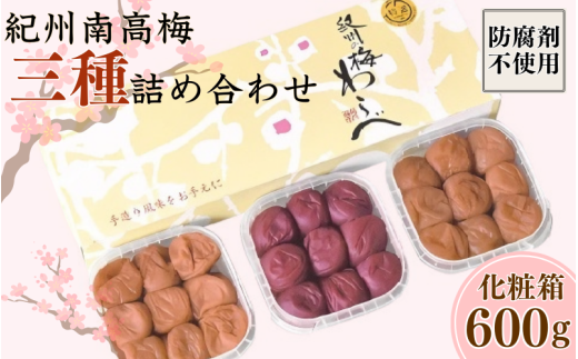 紀州産南高梅 三種詰め合わせセット 計600g (200g×3種) 化粧箱/ 梅干し 梅干 梅 和歌山 田辺 紀州南高梅 南高梅 かつお昆布だし お試し 出汁 磯塩 しそ 防腐剤不使用 ご飯のお供 スポーツ 運動 塩分補給【wrb010】 1522539 - 和歌山県田辺市