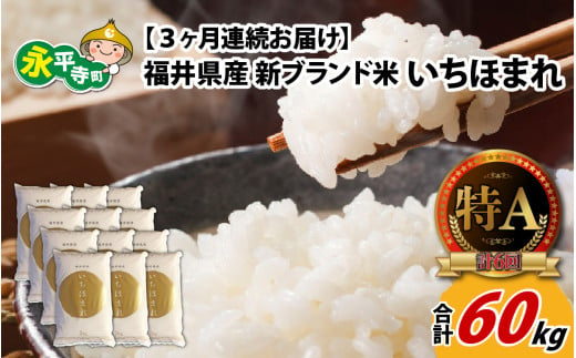 【3ヶ月連続お届け】令和6年度産 福井県産新ブランド米 いちほまれ  20kg（5kg×4袋）×3ヶ月（計60kg） [K-002038] 856248 - 福井県永平寺町