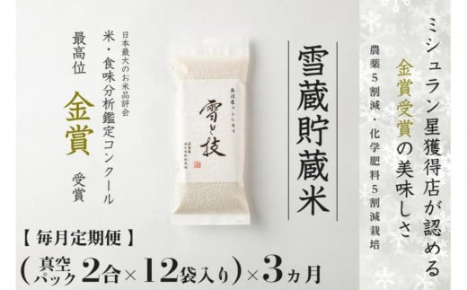 ≪ 令和6年産 新米 ≫【 定期便 】〔 真空パック 2合 ×12袋 〕×3ヵ月《 雪蔵貯蔵米 》 金賞受賞 魚沼産コシヒカリ 雪と技　農薬5割減・化学肥料5割減栽培 714486 - 新潟県津南町