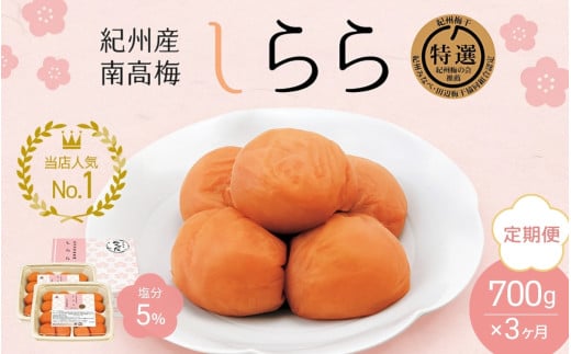 【3カ月定期便】 紀州産南高梅 梅干し しらら （塩分5％）700g（350g×2入） / A級品 梅干し 梅干 梅 中田食品 和歌山 田辺 紀州南高梅 南高梅 うす塩 減塩 塩分控えめ ご飯のお供【nkt015-tk】 1310943 - 和歌山県田辺市