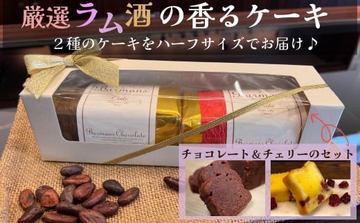 洋酒のケーキ ハーフサイズ2本セット（チョコレート×1・チェリー×1）（バーマンズ） チョコ 洋酒 ラム ケーキ デザート 駄菓子 高級 ギフト お礼の品 クリスマス バレンタイン お中元 故郷納税 詰め合わせ お取り寄せ グルメ 奈良県 奈良市 なら 11-014 1539744 - 奈良県奈良市