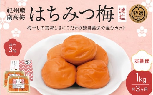 【3カ月定期便】 紀州南高梅 はちみつ梅 減塩（塩分3％）1kg(500g×2) / 梅干し 梅干 梅 中田食品 A級品 和歌山 田辺市 紀州南高梅 南高梅 はちみつ梅 減塩 塩分控えめ【nkt021-tk】 1310949 - 和歌山県田辺市