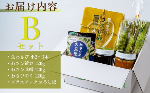 わさびの大見屋】わさびセットＢ 011-003 静岡 伊豆 特産品 わさび 農林大臣賞 林野庁長官賞 受賞 味 品質 新鮮 材料 着色料 香辛料  自然な味 手作り 手作業 わさびの大見屋 特選 無農薬 生わさび わさび漬け わさびみそ わさびのり おろし板 お酒 薬味 お供 プレゼント ...