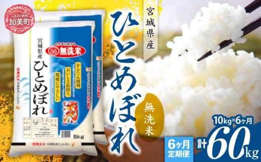 【定期便6回】令和6年産 宮城県産 ひとめぼれ 無洗米10kg(5kg×2）×6回   [ カメイ 宮城県 加美町 ]  お米 こめ コメ 精米 白米 ひとめぼれ | km00012-r6-10kg-6