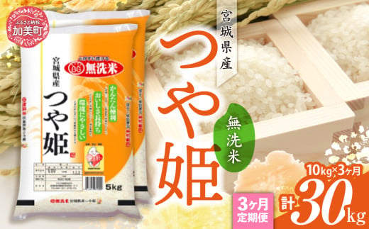 【定期便3回】令和6年産 宮城県産 つや姫 無洗米 10kg(5kg×2）×3回 [カメイ 宮城県 加美町 ] お米 こめ コメ 精米 白米 | km00014-r6-10kg-3 1547675 - 宮城県加美町