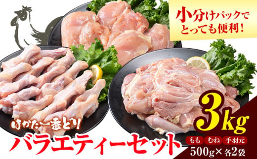 はかた一番どり バラエティセット もも肉 むね肉 手羽元 計 3kg 《30日以内に出荷予定予定(土日祝除く)》福岡県 鞍手郡 鞍手町 大容量 鶏肉 鳥肉 冷凍 送料無料 株式会社あらい 鶏モモ肉 鶏むね肉 鳥 鶏 1551770 - 福岡県鞍手町