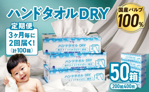 【2回配送/3ヶ月に1回定期便】ナクレ ハンドタオルDRY 50個 ペーパー タオル 紙  厚手 ティッシュ キッチン 日用品 消耗品 防災 収納 備蓄 金ケ崎 金ヶ崎 1471286 - 岩手県金ケ崎町