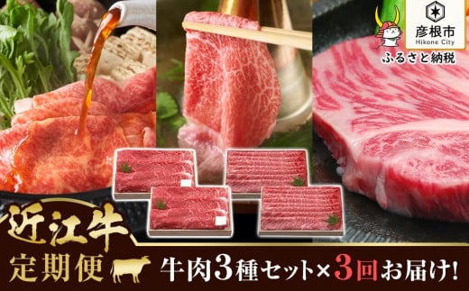 近江牛 『 千成亭 3ヵ月連続お届け！近江牛定期便（すき焼き600g・肩ロースしゃぶしゃぶ600g・サーロインステーキ170g×3枚） 』 （ 送料無料 冷凍 ブランド牛 日本三大和牛 国産牛 黒毛和牛 牛肉 滋賀 近江牛 近江 彦根 ひこね すきやき サーロイン ステーキ 国産 クリスマス お歳暮 ） 803048 - 滋賀県彦根市