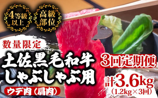 【定期便3回】土佐黒毛和牛ウデ肉しゃぶしゃぶ用 計3.6kg（1.2kg×3ヶ月連続お届け) 3Cコース | 特撰 ウデ肉 肩肉 最上位等級 A4 A5 最高ランク 贅沢 しゃぶしゃぶ　鍋 スライス 焼肉用 小分け 冷凍 国産 牛肉 高知県 須崎 TM57000 1703601 - 高知県須崎市