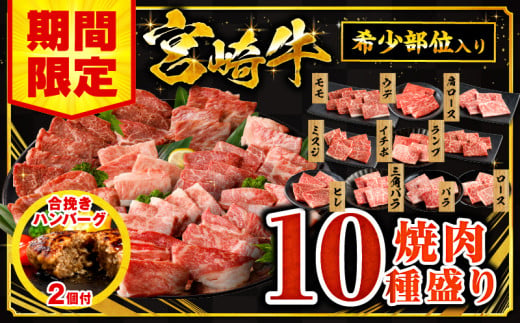 【2025年2月発送】【期間限定】宮崎牛焼肉10種盛り合わせ+合挽きハンバーグ100g×2個_M132-067-B-feb 1096836 - 宮崎県宮崎市