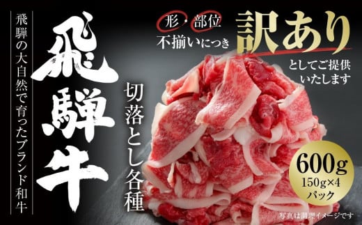 訳あり 飛騨牛 切落とし 600g（150g×4パック） 冷凍真空パック | 肉 お肉 切り落とし すき焼き すきやき 黒毛和牛 和牛 個包装 小分け 人気 おすすめ 牛肉 ギフト お取り寄せ【飛騨高山ミート MZ012】 1043106 - 岐阜県高山市