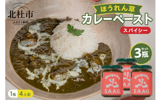 スパイシーほうれん草カレーペースト3瓶セット カレー ペースト 12人前 スパイシーほうれん草 3個 保存着色料 無使用 瓶詰 持ち運び アウトドア 仕送りギフト 山梨県 北杜市 1558518 - 山梨県北杜市