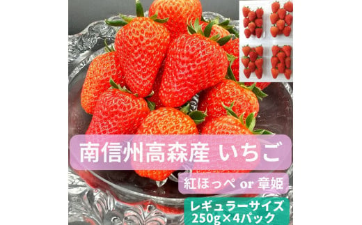 いちご(紅ほっぺ or 章姫) レギュラーサイズ 250g×4パック 1290683 - 長野県高森町