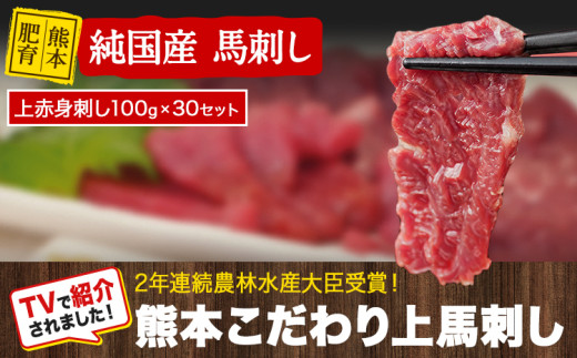 上赤身馬刺し100g×30セット(10ml×30袋)《7月中旬-9月末頃出荷》 熊本県 玉名郡 玉東町 馬刺し 国産 赤身 送料無料 肉 タレ付き 3000g 牛肉よりヘルシー 1405448 - 熊本県玉東町