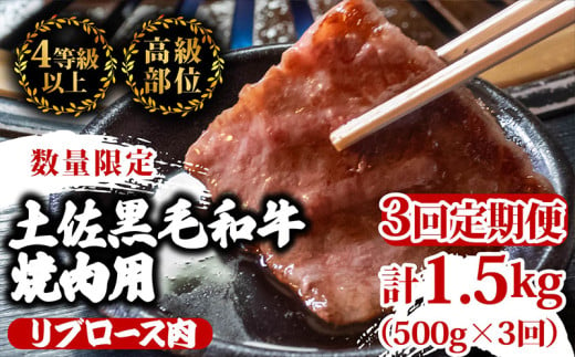 【定期便3回】土佐 黒毛 和牛 焼肉用 計1.5kg（500g×3ヶ月連続お届け) 4Mコース | 特撰 リブロース ロース 最上位等級 A4 A5 最高ランク 贅沢 焼き肉 やきにく 小分け 冷凍 国産 ブランド 和牛 牛肉 大人気 ギフト リピート リピーター おすすめ ランキング おいしい 限定 高評価 BBQ バーベキュー キャンプ アウトドア 高知県 須崎 TM93000 1703634 - 高知県須崎市