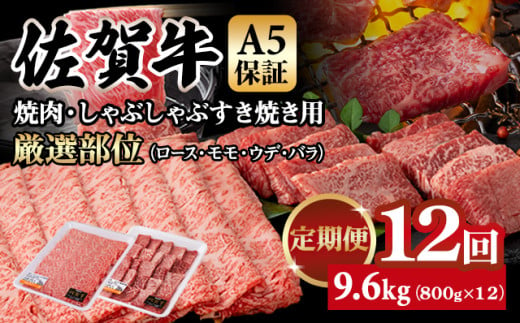 【定期便】佐賀牛 A5  焼肉・しゃぶしゃぶすき焼き 厳選部位 合計800g（400g x 各1P）12回定期 計9.6kg(800gx12) 桑原畜産 小分け ブランド牛 黒毛和牛 人気 高評価 佐賀県 小城市 1552904 - 佐賀県小城市