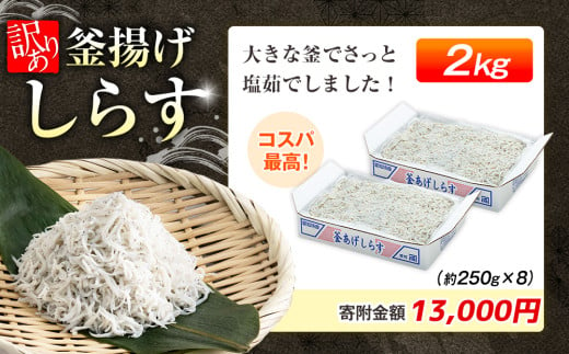 愛知県南知多町のふるさと納税 訳あり 釜揚げ しらす 2kg (1箱×2) 小分け 減塩 無添加 無着色 冷凍 愛知県 南知多町 ご飯 ごはん 丼 料理 国産 カネ成 シラス 人気 おすすめ