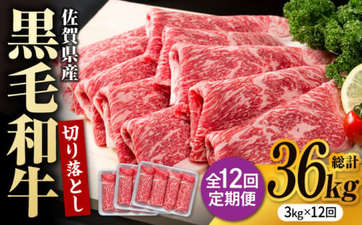 【圧倒的リピート率！】【12回定期便】佐賀県産 黒毛和牛 贅沢 切り落とし 3kg（1kg×3パック/回） 【株式会社いろは精肉店】 [IAG187]