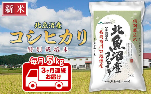 AT05-3【3ヶ月連続お届け】北魚沼産コシヒカリ特別栽培米5kg（長岡川口地域） 223464 - 新潟県長岡市