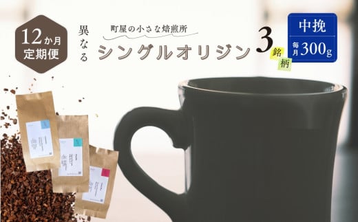 【定期便：12ヶ月連続でお届け】シングルオリジンコーヒー 100g × 3品種（中挽き）計300g×12ヶ月　1075018