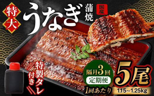 【隔月3回定期便】国産 うなぎ 蒲焼 5尾 （1.15kg～1.25kg）と 特製 タレ 5個 セット｜  鰻 国産うなぎ 蒲焼き かば焼き うな重 ひつまぶし ウナギ タレ付き 冷凍 定期便 大阪府 阪南市 1569367 - 大阪府阪南市