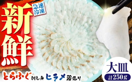 【新鮮！贅沢おつまみ】トラフグ の 刺し身 ＆ ヒラメ の 薄造り 大皿×各1枚 計250g  / ひらめ ヒラメ とらふぐ刺身 紅葉おろし トラフグ ふぐ フグ 河豚 刺し身 / 南島原市 / 株式会社 FUKUNOTANE [SFJ027]