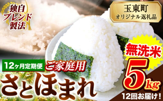 【12ヶ月定期便】熊本県産 さとほまれ 無洗米 ご家庭用 定期便 5kg 《申込み翌月から発送》熊本県 玉名郡 玉東町 米 こめ コメ ブレンド米 送料無料 1569283 - 熊本県玉東町